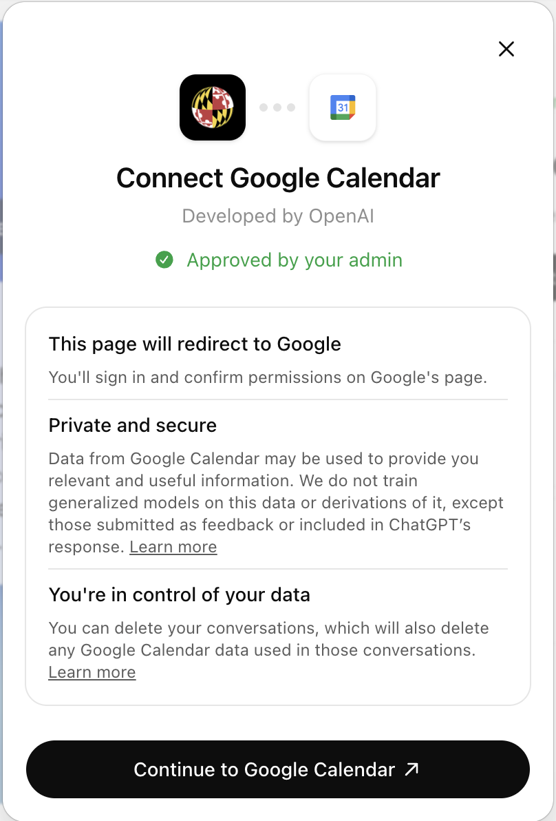 Connect Google Calendar screen with Continue to Google Calendar button