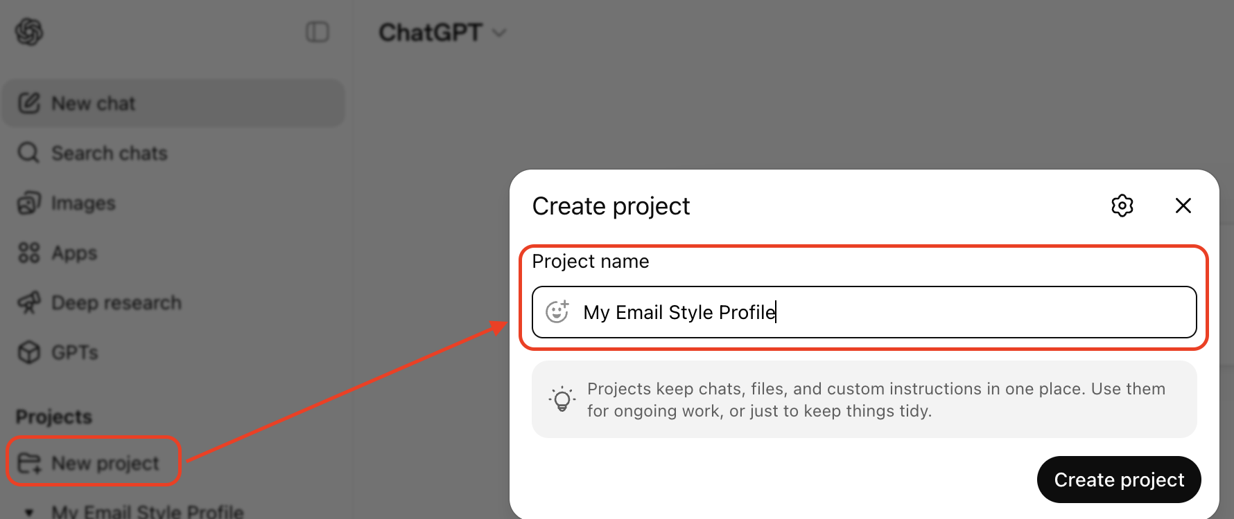 ChatGPT new project dialog