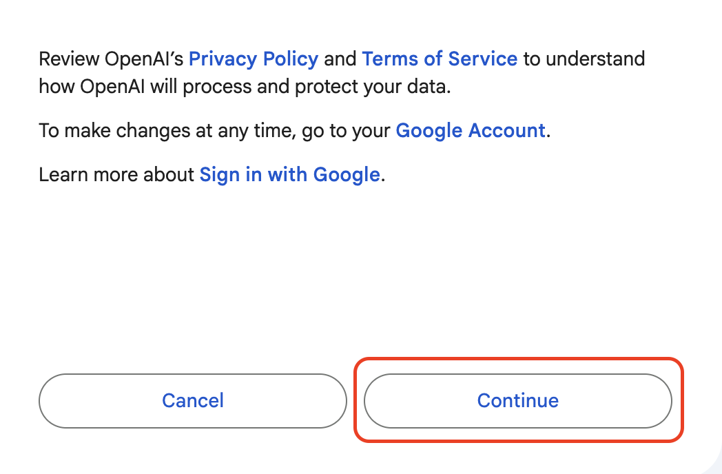 Google privacy policy screen with Continue highlighted