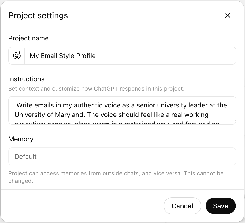 ChatGPT Project settings dialog with instructions field and Save button