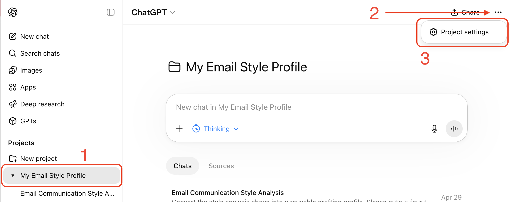 ChatGPT project page showing the three-dot menu and Project settings option