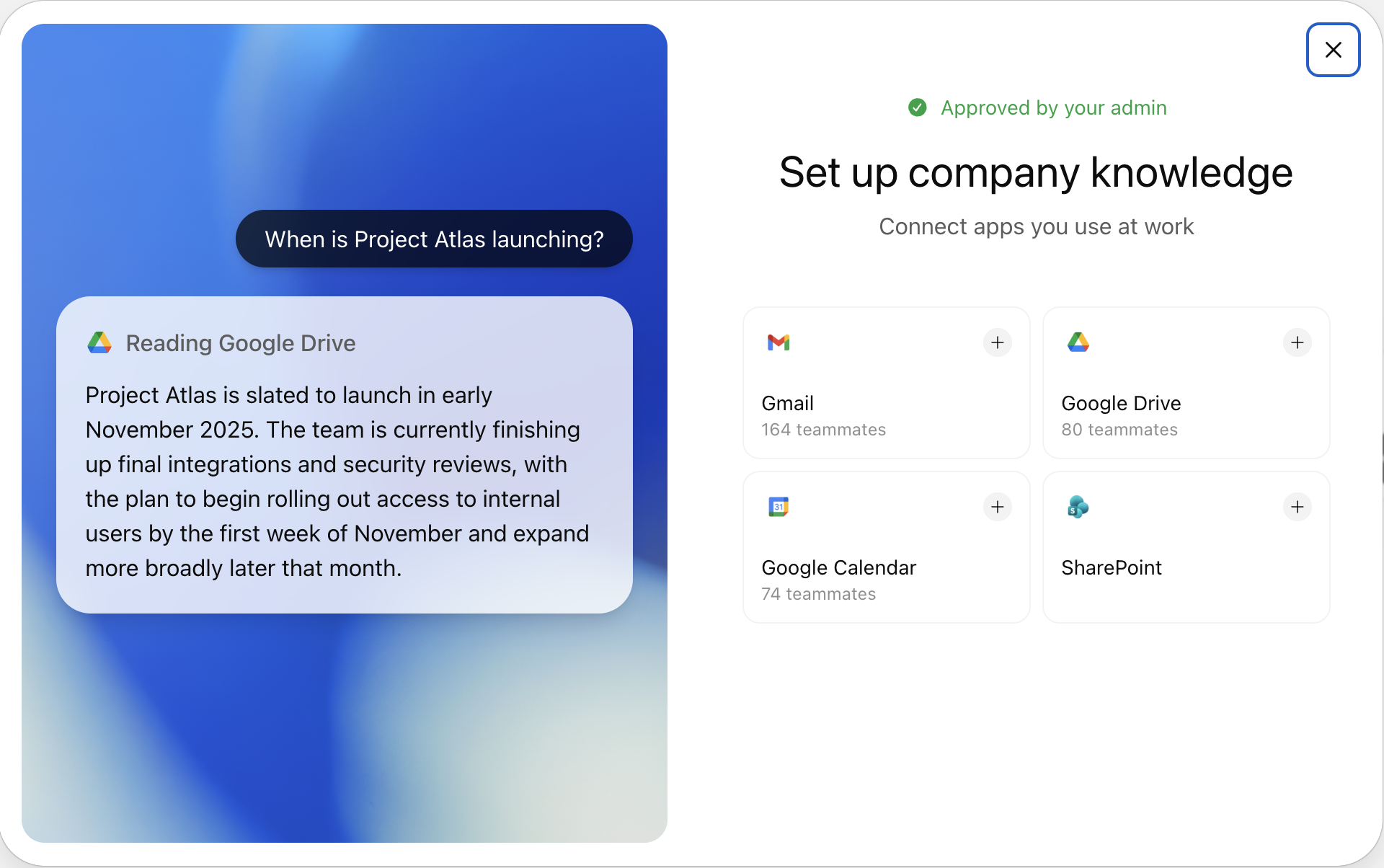 Set up company knowledge page with Gmail, Google Drive, Google Calendar, and SharePoint tiles