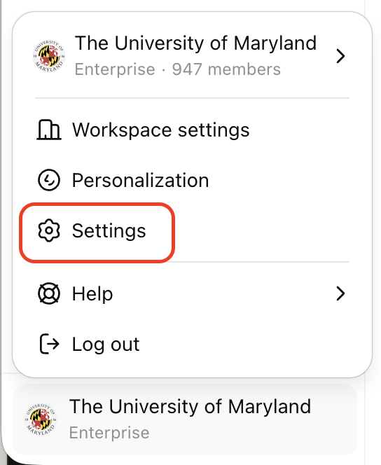 ChatGPT account menu with Settings highlighted