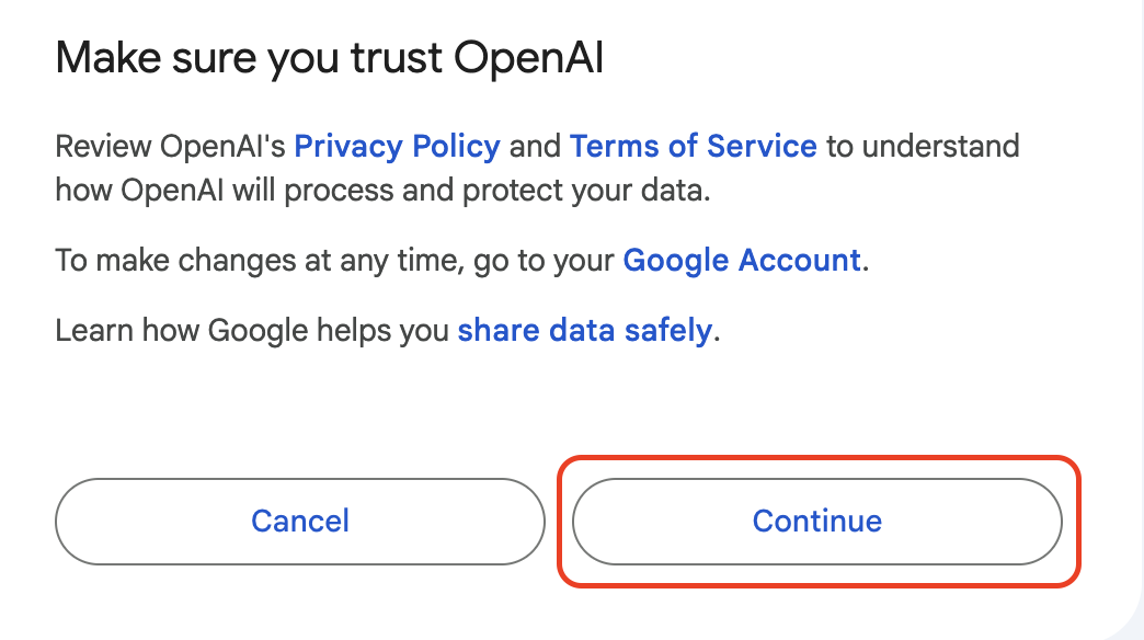 Trust OpenAI screen with Continue highlighted